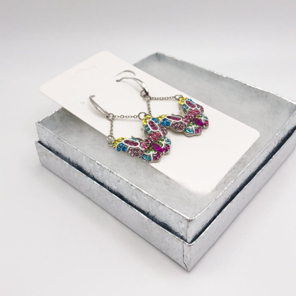 Crystal Multicolor Silver Plated Butterfly Dangle Drop Earrings